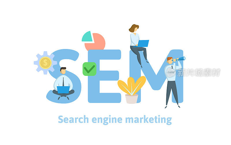 SEM, search engine marketing. Concept with keywords, letters, and icons. Flat vector illustration. Isolated on white background.